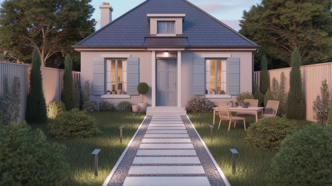 Aménagement devant maison pas cher avec allée gravier et jardinières