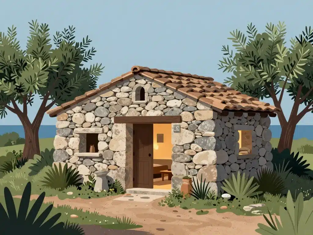 intérieur extérieur d’un pagliaghju corse, pierre et confort