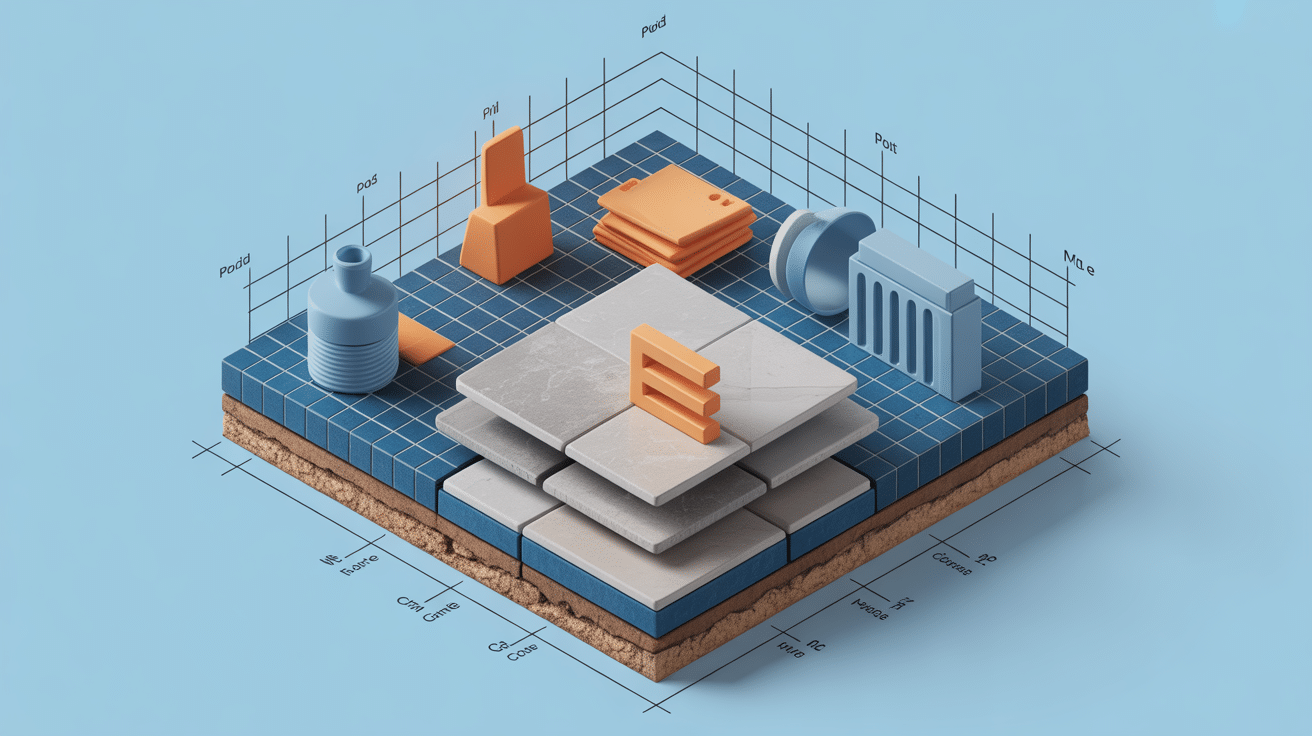 Schéma isométrique couches sol, poids carrelage m2