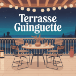 Terrasse guinguette conviviale avec guirlandes et mobilier bistrot