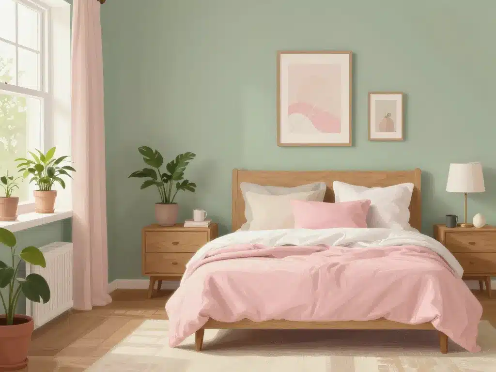 Décoration chambre vert sauge et rose cosy et naturelle