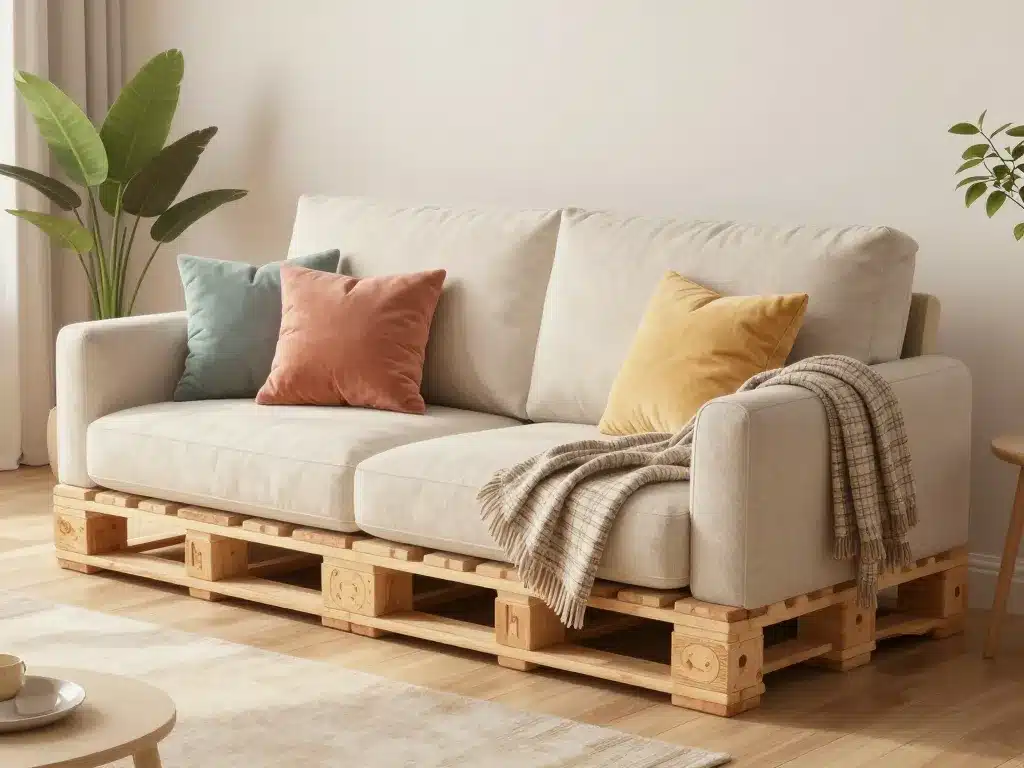 canapé palette dossier incliné avec coussins et finitions déco
