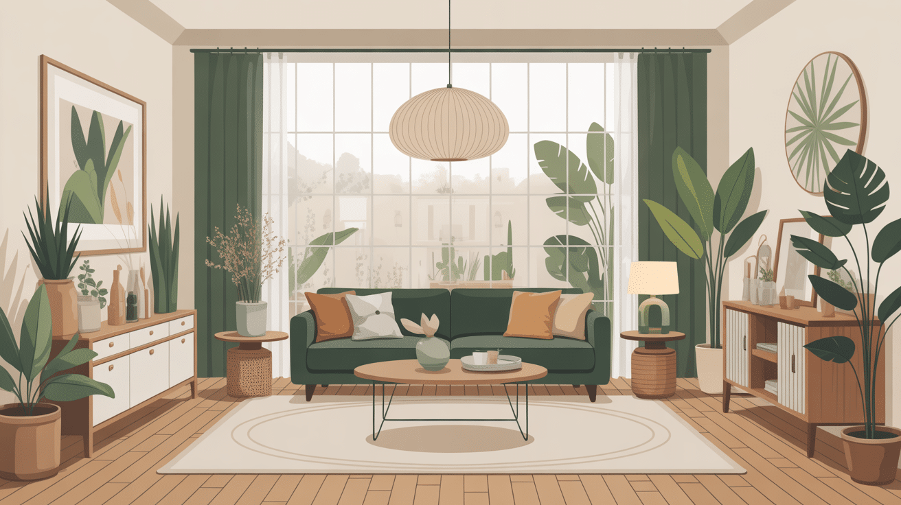 salon kaki moderne chaleureux avec bois clair et plantes