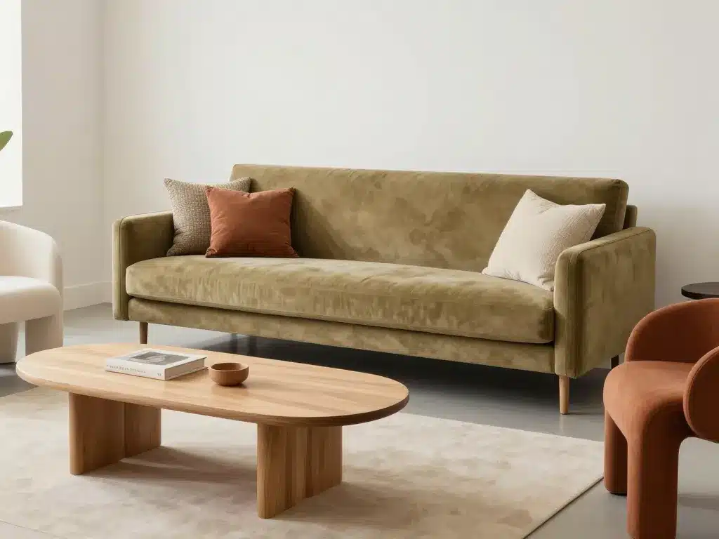 canapé kaki et mobilier assorti dans salon kaki