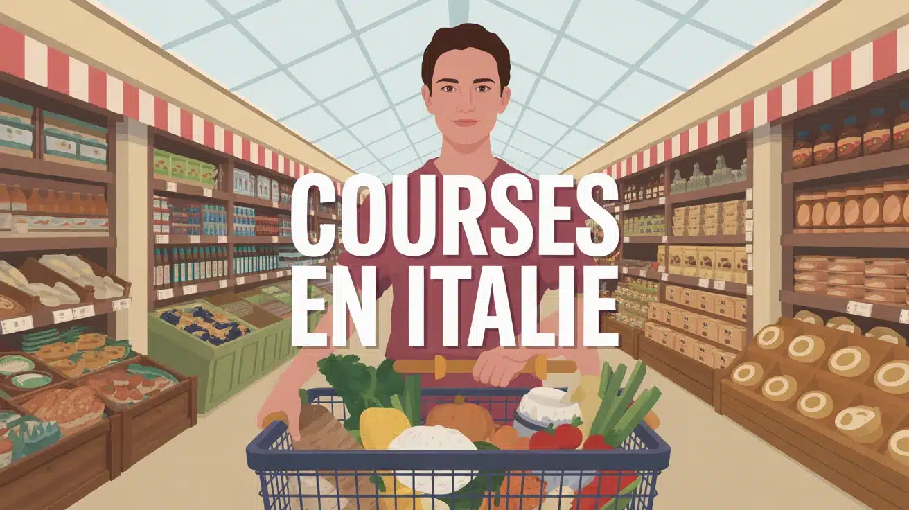 Illustration vectorielle chariot courses en Italie avec produits italiens