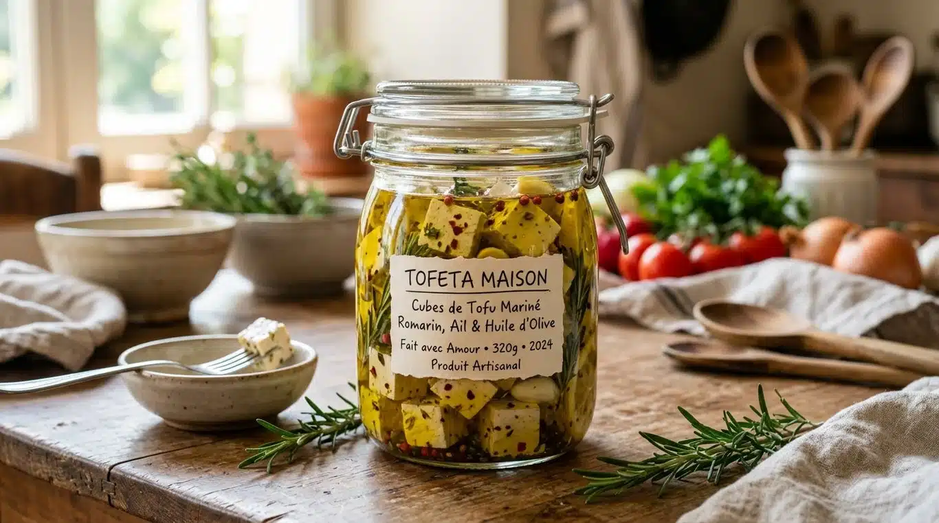 Bol de Tofeta maison mariné dans l'huile d'olive et les herbes