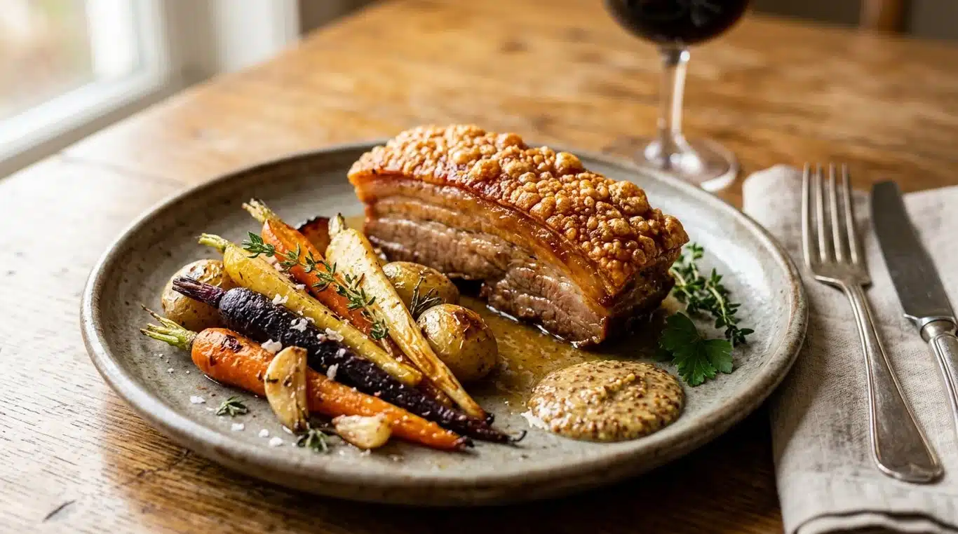 Poitrine de porc confite croustillante et fondante dans une assiette gastronomique