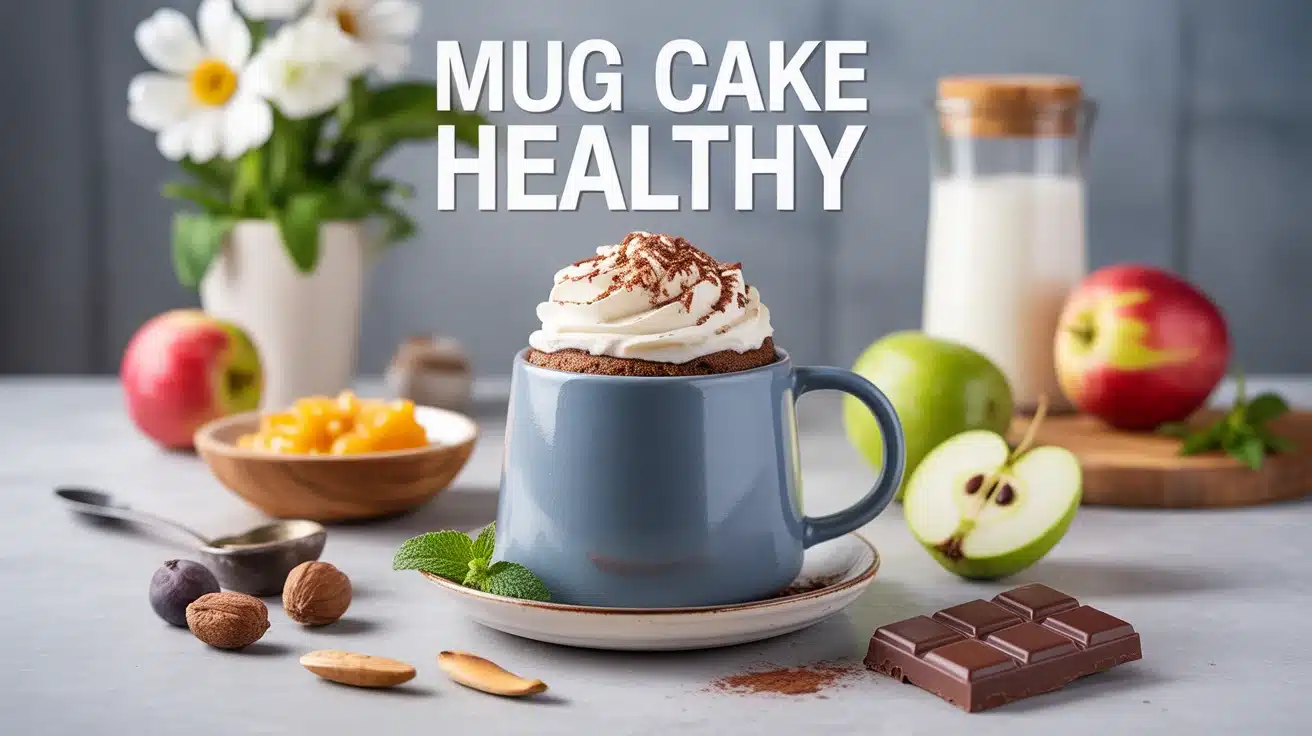 Mug cake healthy dans une tasse avec ingrédients naturels