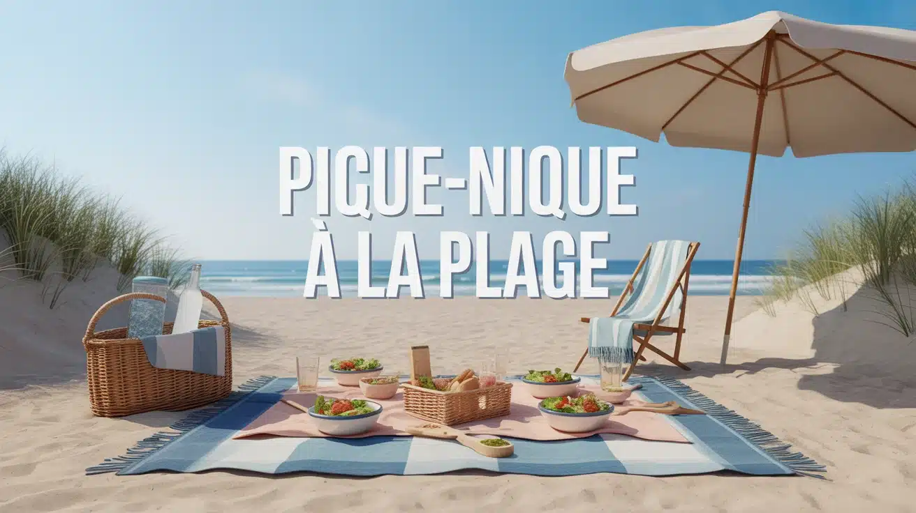 pique-nique à la plage avec nappe glacière bocaux parasol