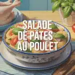 salade de pâtes au poulet dans bol rustique avec tomates cerises et basilic