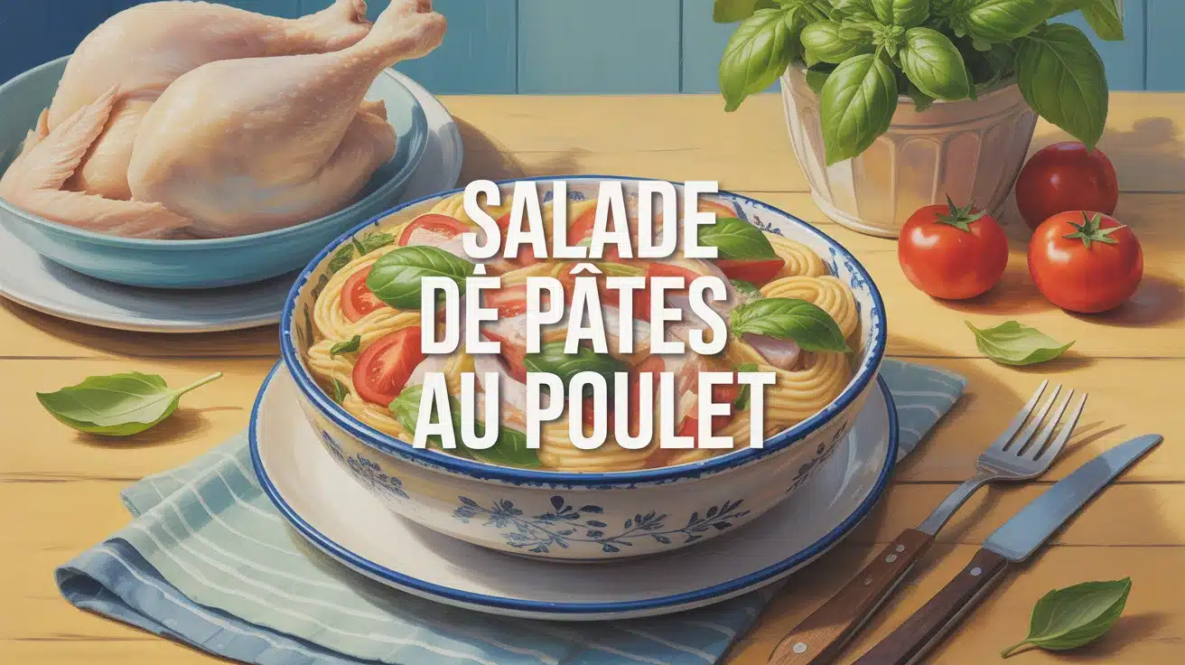 salade de pâtes au poulet dans bol rustique avec tomates cerises et basilic