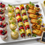 Plateau dessert apéro dinatoire avec verrines, financiers et fruits