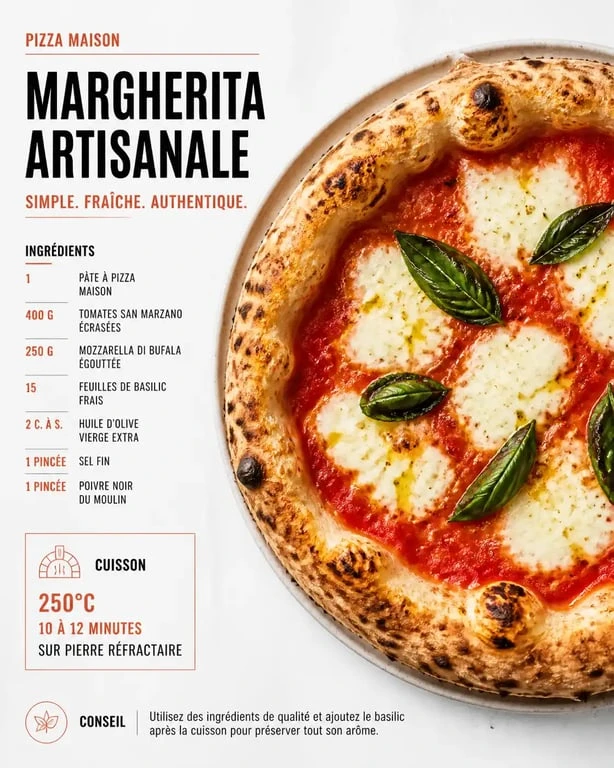 Pizza artisanale maison avec ingrédients frais : mozzarella, basilic et sauce tomate