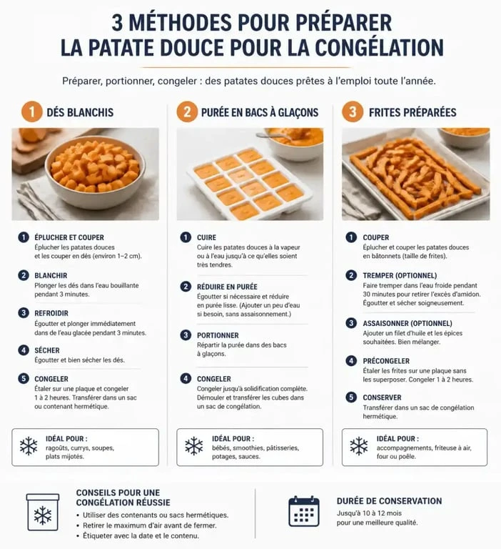 Infographie des trois méthodes pour congeler la patate douce : dés blanchis, purée et frites.