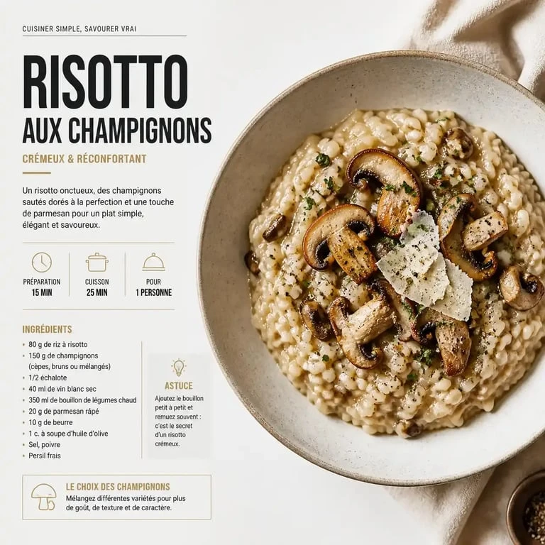 Risotto aux champignons pour une personne, idée de menu semaine 1 personne