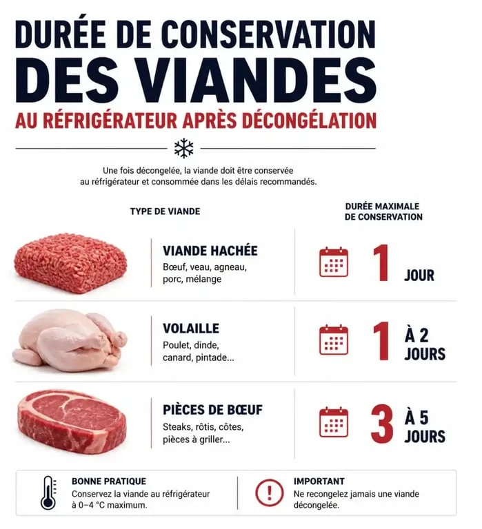 Infographie des durées de conservation de la viande décongelée au réfrigérateur
