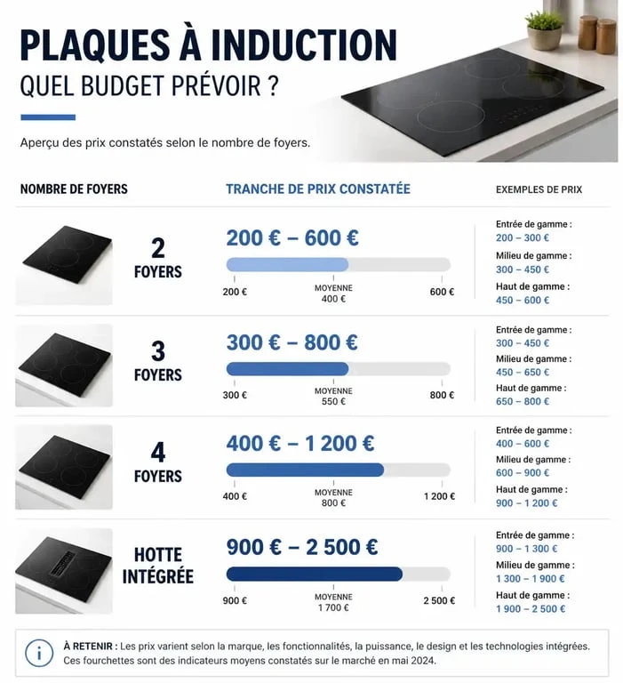 Infographie comparative des prix des plaques à induction par nombre de foyers et fonctionnalités