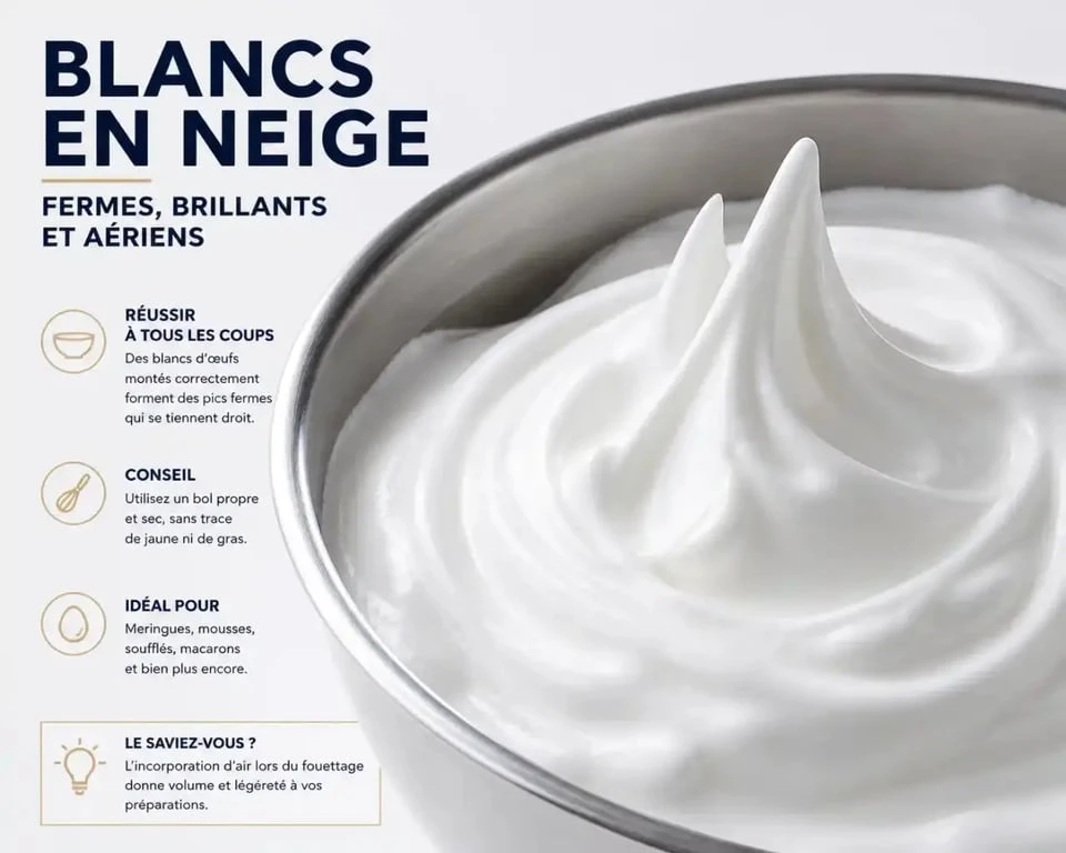 Blancs en neige montés à la main sans batteur dans un bol en inox