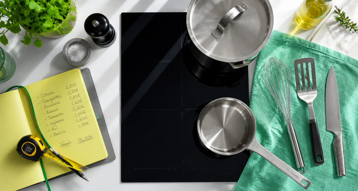 Prix plaque induction sur plan de travail moderne avec ustensiles