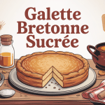 Illustration galette bretonne sucrée chaude sur table avec éléments traditionnels