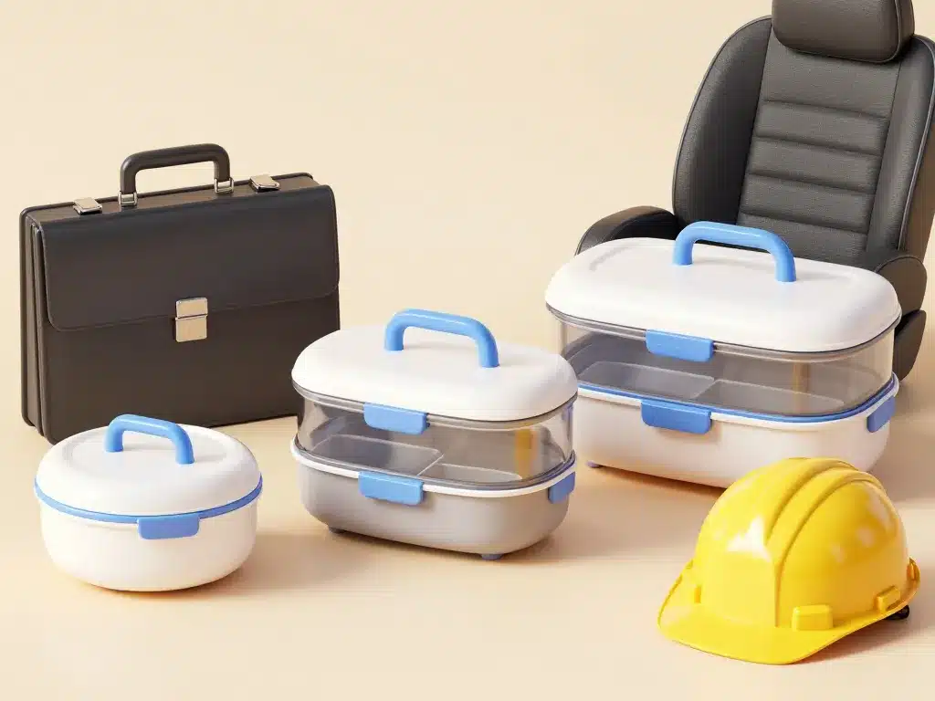 Trois lunch box electrique taille différente à côté accessoires