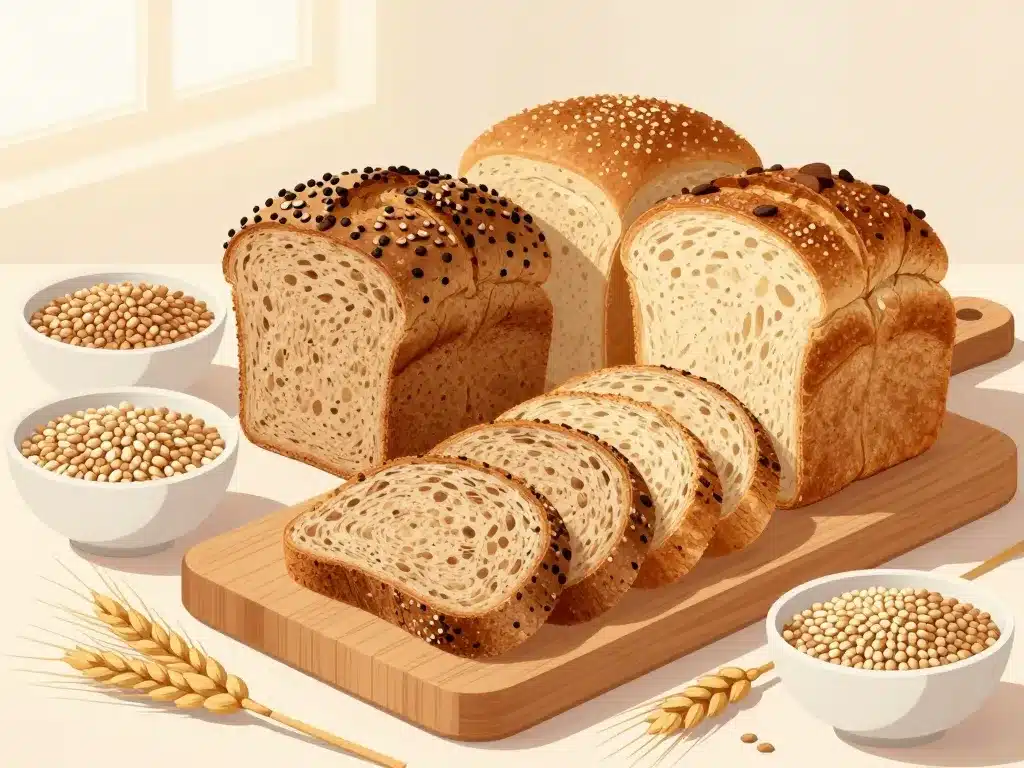 Petit dejeuner tartine, différentes sortes de pain, céréales, ambiance matinale