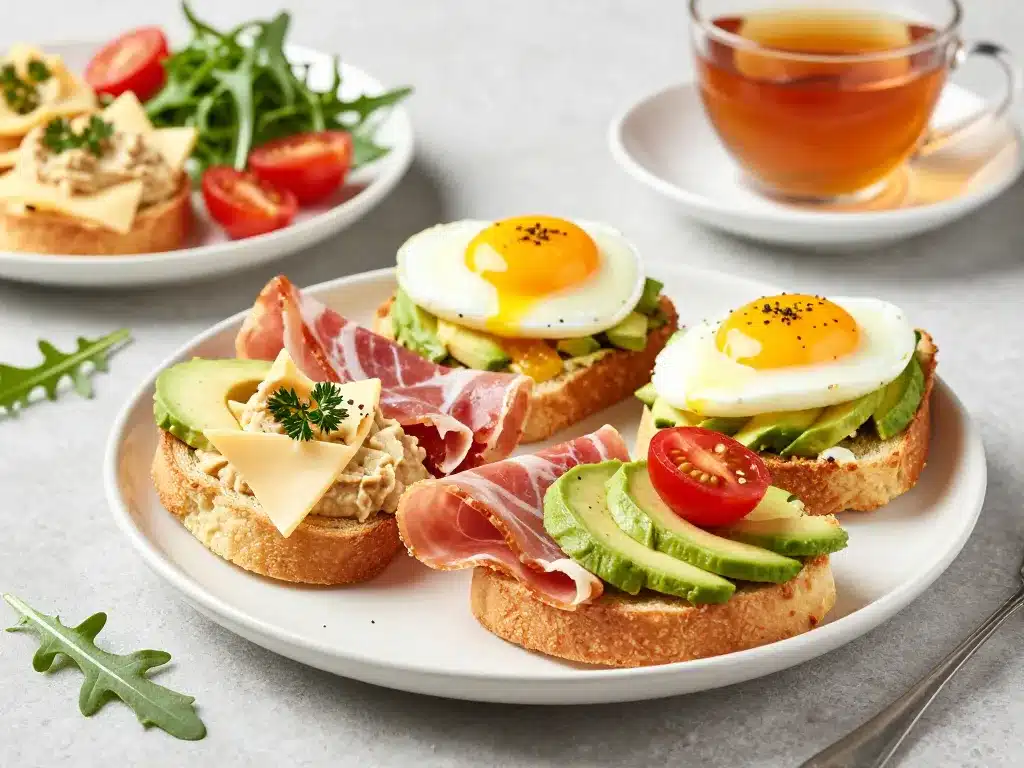 Petit dejeuner tartine salée avec œuf, avocat, jambon, légumes, assiette appétissante