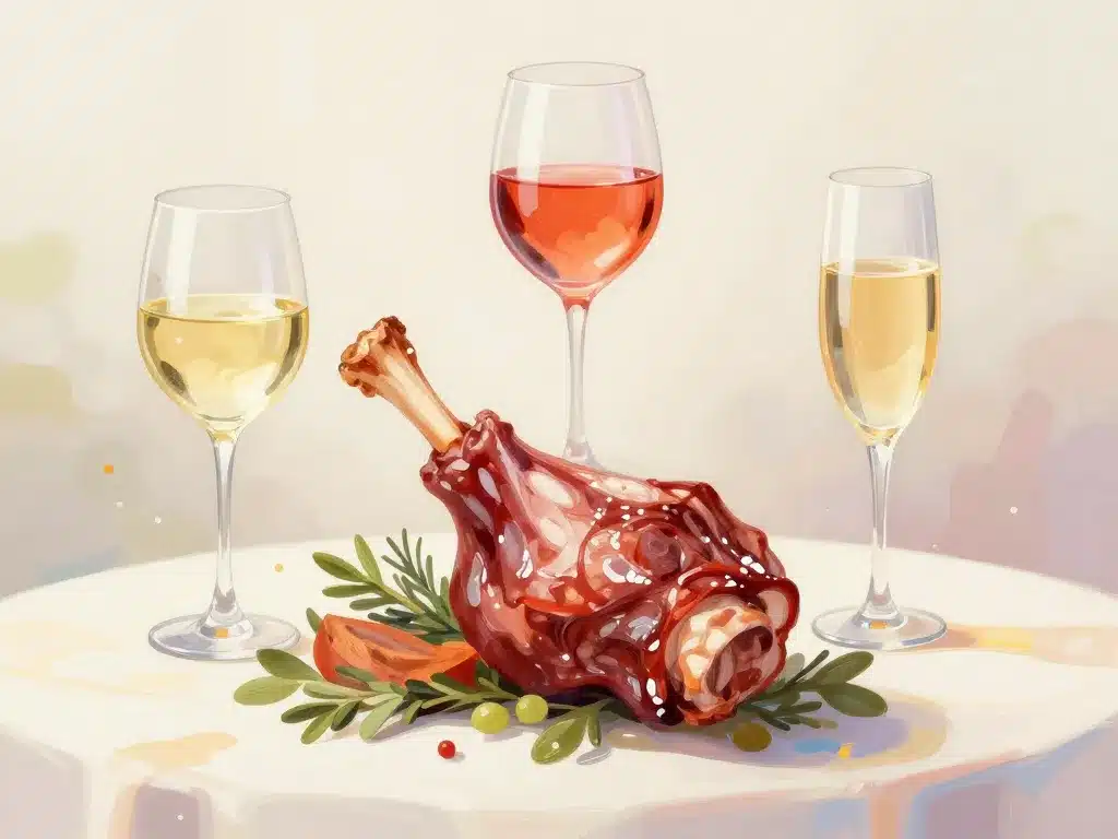 illustration vin blanc rosé bulles avec gigot d'agneau