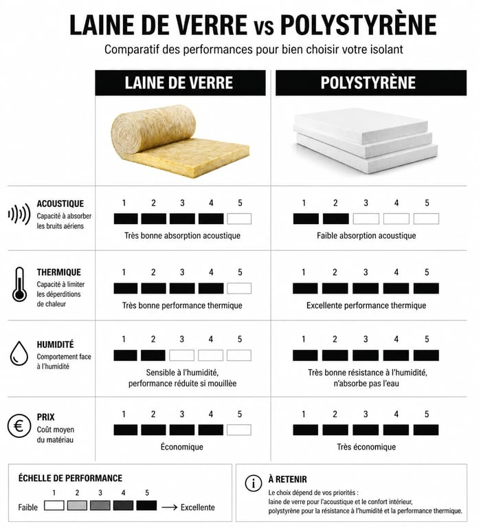 Comparatif isolation polystyrène ou laine de verre : tableau des performances thermiques et acoustiques
