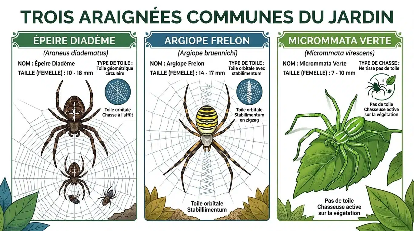 Infographie comparative des araignées de jardin communes : Épeire diadème, Argiope frelon et Micrommata verte.