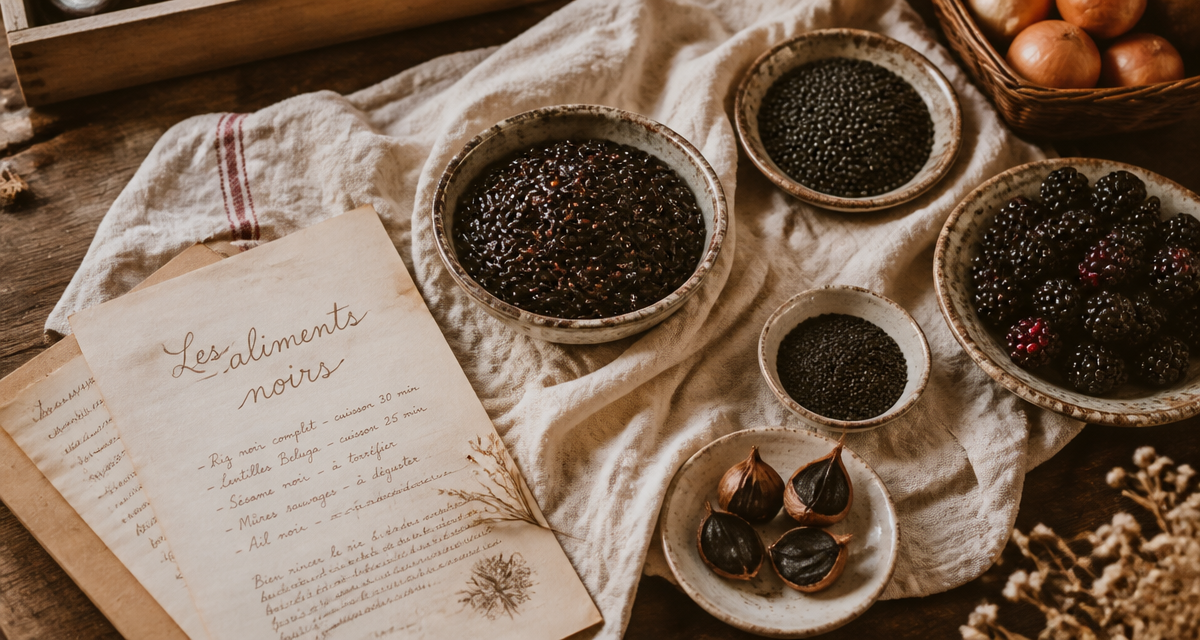 bols aliments noirs riz lentilles sésame mûres ail noir