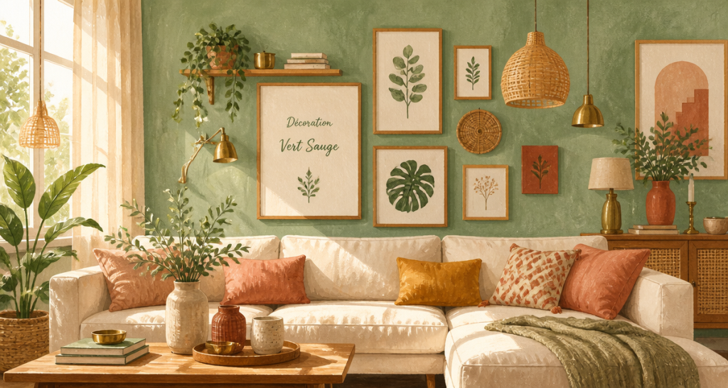 decoration murale vert sauge dans un salon lumineux