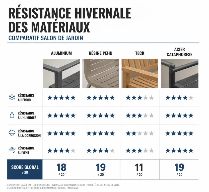 Comparatif des matériaux de salon de jardin résistants à l'hiver : aluminium, résine, teck et acier