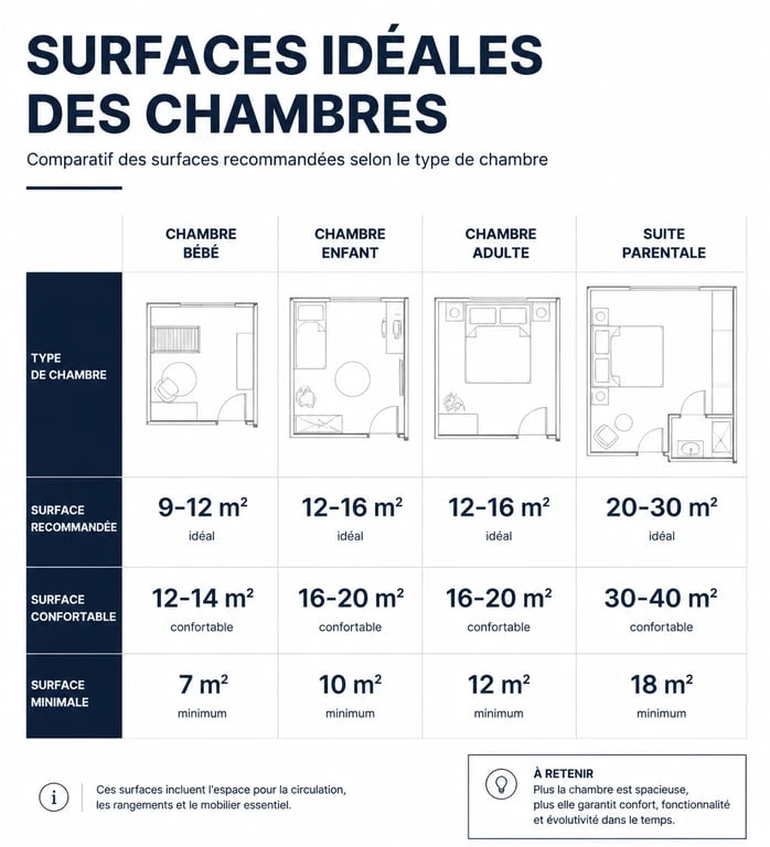 Tableau comparatif des surfaces recommandées pour une chambre selon l'usage : bébé, enfant, adulte et suite parentale.