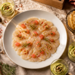 Entrée facile et chic carpaccio Saint-Jacques dressée