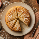 Gateau noix de coco moelleux découpé sur table rustique