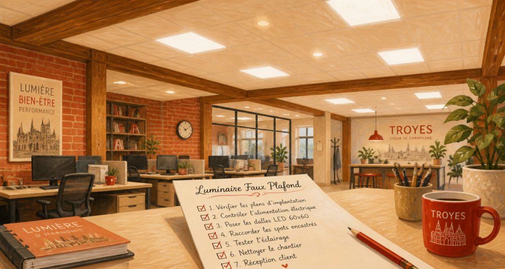 luminaire faux plafond LED dans open-space moderne