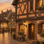 maison à colombage alsacienne, rue pavée, lumière du soir