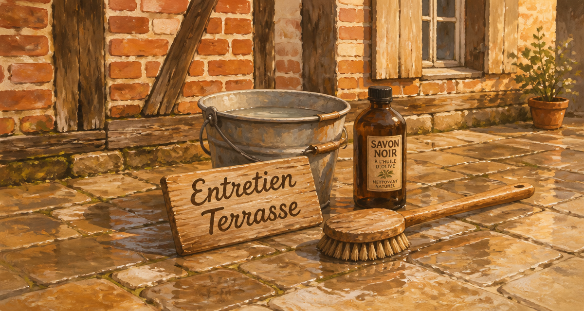 nettoyer dalle de terrasse avec brosse et savon noir