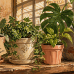 pots de fleurs variés sur table en bois
