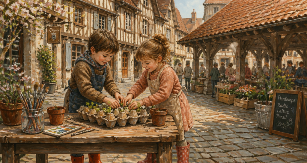activité printemps enfants plantent semis village troyen