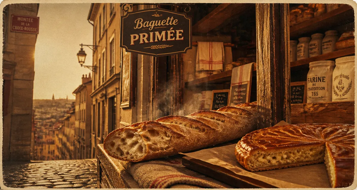 Boulangerie des canuts à Lyon : baguette fumante et galette dorée du Rhône