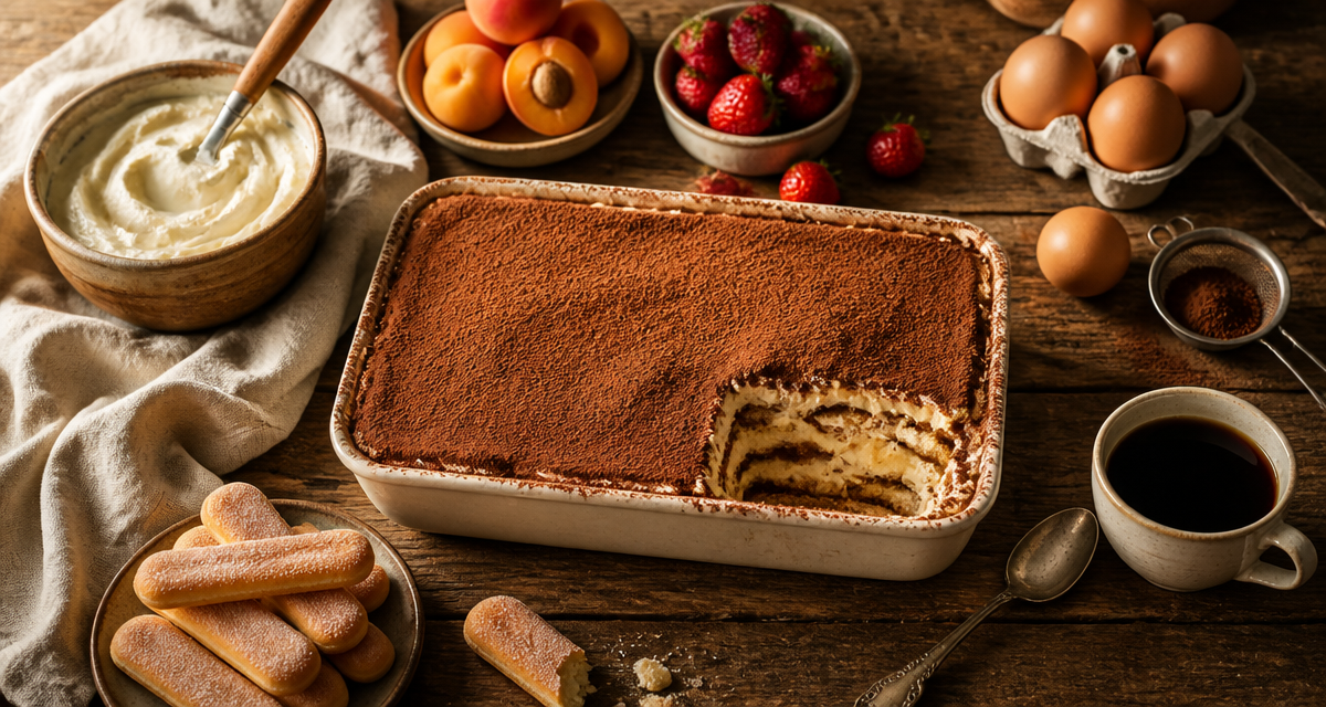 dessert mascarpone tiramisu sur table en bois