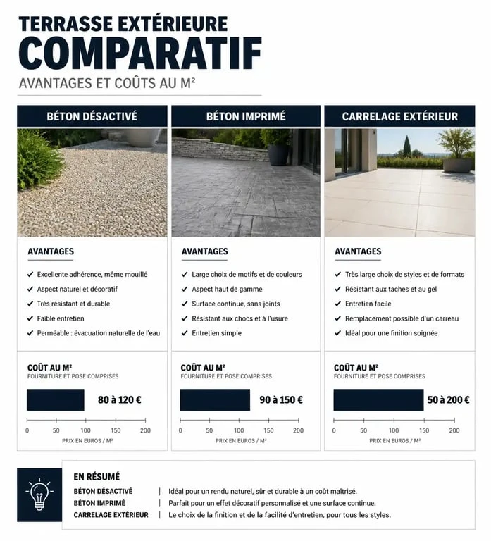 Infographie comparative des coûts et avantages pour une terrasse en béton désactivé par rapport au carrelage et béton imprimé