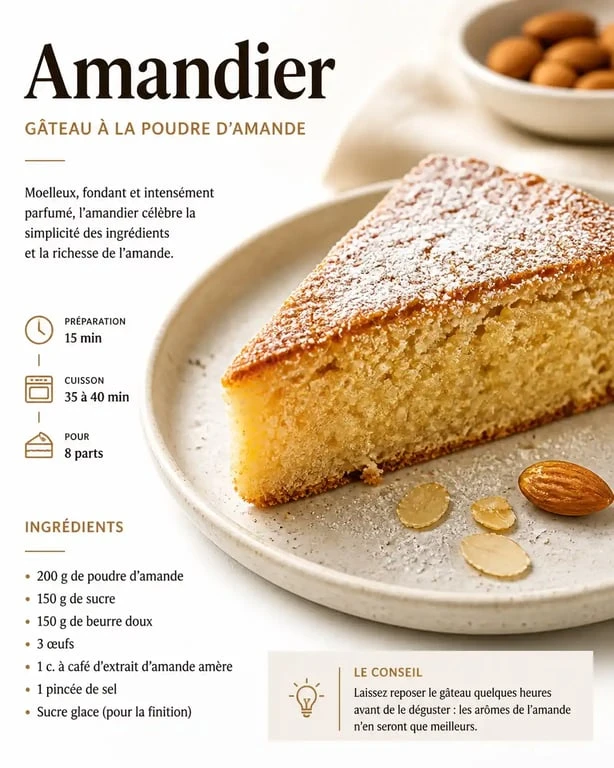 Gâteau à la poudre d'amande traditionnel, moelleux et humide, servi sur une assiette.