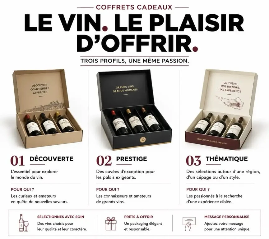 Sélection de coffrets cadeaux pour les passionnés du vin : Découverte, Prestige et Thématique