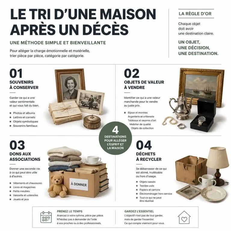 Processus de tri d'une maison après décès : étapes pour vider une maison efficacement