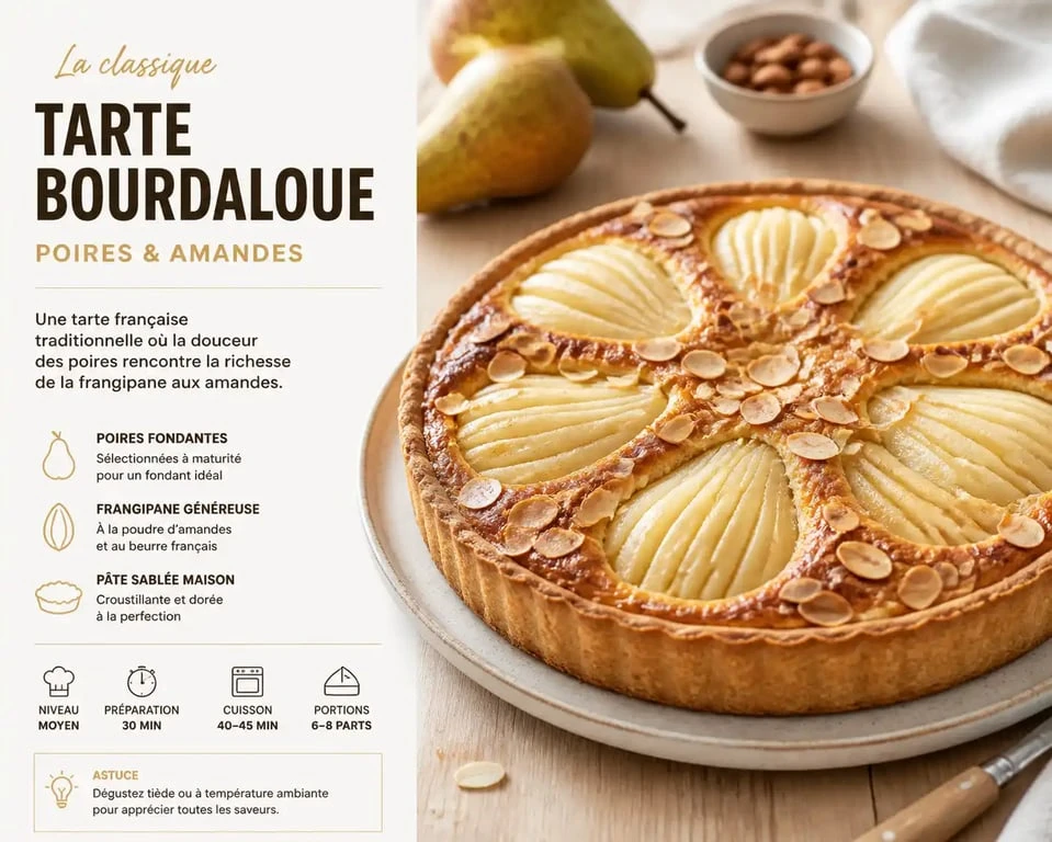 Tarte sucrée aux poires et amandes, une recette de pâtisserie gourmande et élégante.