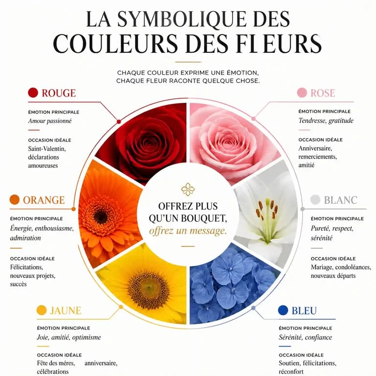 Infographie récapitulative de la signification des couleurs des fleurs pour choisir son bouquet selon l'occasion