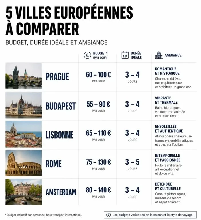Infographie comparative des meilleures villes d'Europe pour un city-trip